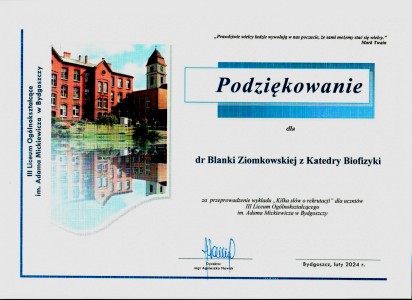 Podziękowania za organizację warsztatów dla uczniów szkół średnich. Kliknij, aby powiększyć zdjęcie.